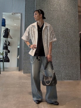 「Lui's（ルイス）のフラワーレースボリュームシャツ（シャツ/ブラウス、ホワイト系）」を使った、Ryu.さん（メンズ・172cm）の春コーディネート