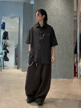 「Lui's（ルイス）のストライプ半袖オーバーシャツ（シャツ/ブラウス、ブラック系）」を使った、Ryu.さん（メンズ・172cm）の春コーディネート