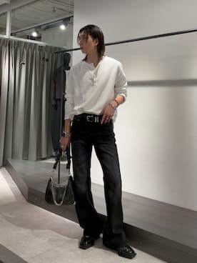 「Lui's（ルイス）のフェードヘンリーネックロンT（Tシャツ/カットソー、ホワイト系）」を使った、Ryu.さん（メンズ・172cm）の秋コーディネート