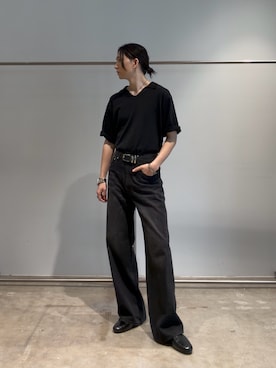 「Lui's（ルイス）のハイゲージコットンスキッパーニットポロ（Tシャツ/カットソー、ブラック系）」を使った、Ryu.さん（メンズ・172cm）の夏コーディネート