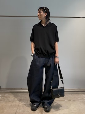 「Lui's（ルイス）のハイゲージコットンスキッパーニットポロ（Tシャツ/カットソー、ブラック系）」を使った、Ryu.さん（メンズ・172cm）の夏コーディネート