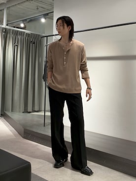 「Lui's（ルイス）のリブヘンリーネックカットソー（Tシャツ/カットソー、ブラウン系）」を使った、Ryu.さん（メンズ・172cm）の秋コーディネート