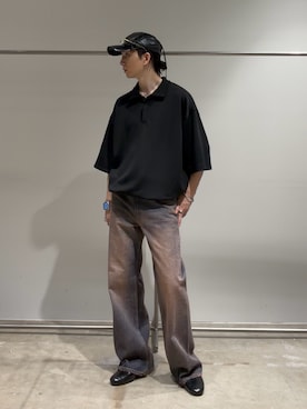 「Lui's（ルイス）のポンチオーバーポロシャツ（Tシャツ/カットソー、ブラック系）」を使った、Ryu.さん（メンズ・172cm）の夏コーディネート