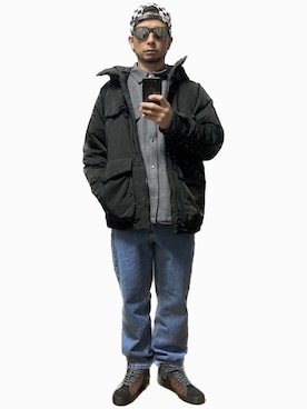 「carhartt」｜「アイテム（ダウンジャケット/コート）」を使った、モミヒゲさん（メンズ・175cm）の冬コーディネート