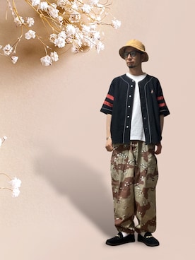 「UNIVERSAL OVERALL（ユニバーサルオーバーオール）のアイテム」を使った、モミヒゲさん（メンズ・175cm）の夏コーディネート