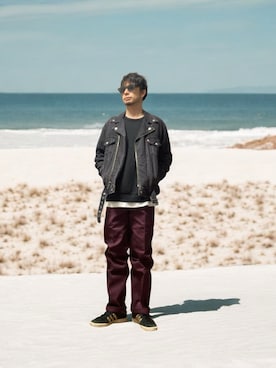 「アイテム（ライダースジャケット）」を使った、モミヒゲさん（メンズ・175cm）の秋コーディネート