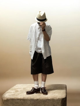 「FREAK'S STORE（フリークスストア）の【限定展開】Relax Fit リラックスフィット ピンタック コットンキューバシャツ（シャツ/ブラウス、ホワイト系）」を使った、モミヒゲさん（メンズ・175cm）の夏コーディネート