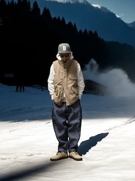 「アイテム（ダウンベスト）」を使った、モミヒゲさん（メンズ・175cm）の冬コーディネート