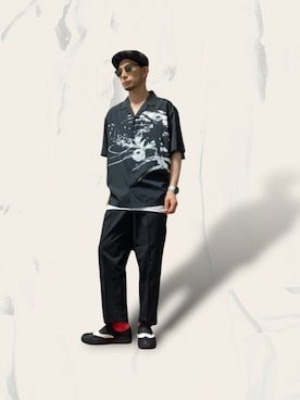 「CRIMIE（クライミー）のCLARENCE WINGTIP SNEAKER / CLARENCE ウィングチップ スニーカー（スニーカー、ブラック系）」を使った、モミヒゲさん（メンズ・175cm）の夏コーディネート