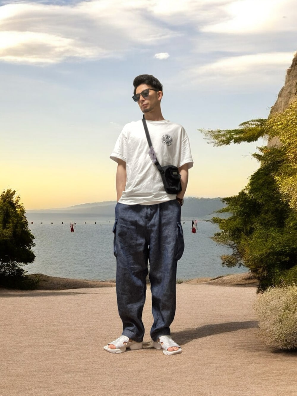 「おじさん、あごひげ、もみあげ、Tシャツ、デニムカーゴパンツ、サンダル、ポンプフューリーサンダル、メタリカ、ジョジョの奇妙な冒険、リゾット・ネエロ」｜「ReebokのReebok/リーボック INSTAPUMP FURY SANDAL/インスタ ポンプ フューリー サンダル（サンダル、グレー系）」を使った、モミヒゲさん（メンズ・175cm）の夏コーディネートの1枚目の写真