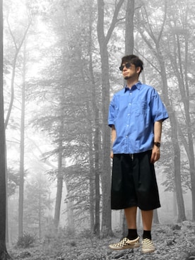 「RED KAP（レッドキャップ）のRED KAP/レッドキャップ 別注 2TUCK WIDE BAGGY SHORTS/2タック ワイド バギー ツイル ショーツ（その他パンツ、ブラック系）」を使った、モミヒゲさん（メンズ・175cm）の秋コーディネート