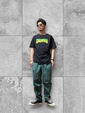 「Dickies（ディッキーズ）の【Dickies】サイドライン プリーツワイドパンツ（その他パンツ、グリーン系）」を使った、モミヒゲさん（メンズ・175cm）の夏コーディネート