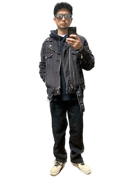 「おじさん」｜「アイテム（ライダースジャケット）」を使った、モミヒゲさん（メンズ・175cm）の春コーディネート