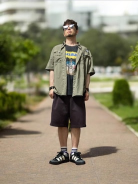 「Columbia（コロンビア）のColumbia BAHAMA Ⅱ　S/S SHIRT FM7047（シャツ/ブラウス、ベージュ系）」を使った、モミヒゲさん（メンズ・175cm）の夏コーディネート