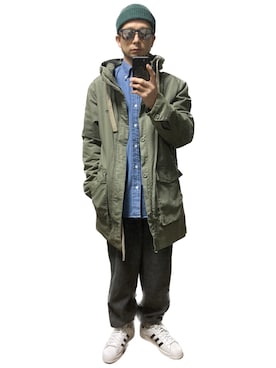 「おじさん」｜「アイテム（モッズコート）」を使った、モミヒゲさん（メンズ・175cm）の冬コーディネート