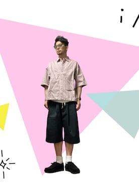 「RED KAP（レッドキャップ）のRED KAP/レッドキャップ 別注 2TUCK WIDE BAGGY SHORTS/2タック ワイド バギー ツイル ショーツ（その他パンツ、ブラック系）」を使った、モミヒゲさん（メンズ・175cm）の夏コーディネート