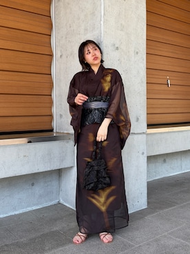 「Callarus（カラルス）の花柄プリントシアー浴衣セット（簡易ゆかた＋帯）〔Callarus〕（浴衣、ブラウン系）」を使った、KAYAさん（レディース・153cm）の春コーディネート