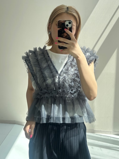 結婚式・パーティードレス】チュールフリルベスト＋ヨーク切替フレア