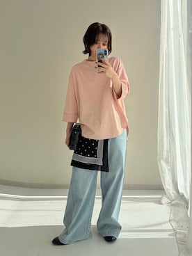「nissen（ニッセン）の＜2月20日午前11時販売開始＞【i Deni】6.7ozデニムバギーパンツ（はっ水）＜大きいサイズ有＞（スウェットパンツ、ブルー系）」を使った、KAYAさん（レディース・153cm）の春コーディネート