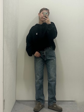 「nissen（ニッセン）のハイウエストストレートデニムパンツ　ノンストレッチジーンズ（デニムパンツ）」を使った、KAYAさん（レディース・153cm）の秋コーディネート