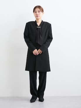 「nissen（ニッセン）の袱紗も入るポケット付き｜喪服・礼服｜洗える｜防しわ（イージーケア）｜ストレッチ｜ノーカラージャケット｜3点セット｜ジャケット｜ブラウス｜パンツ｜フロントファスナー｜（スーツセット、ブラック系）」を使った、KAYAさん（レディース・153cm）の夏コーディネート