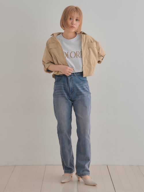 ハイウエストストレートブラスト加工デニムパンツ