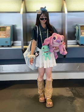 「Vipoa（ヴィポア）のSuede studs platform boots sandal（サンダル、ベージュ系）」を使った、senaさん（レディース・158cm）の夏コーディネート