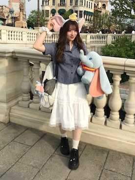 「SONA（ソナ）のアイテム（シャツ/ブラウス、ブルー系）」を使った、senaさん（レディース・158cm）の春コーディネート