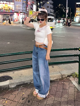 「WEGO（ウィゴー）のアイテム（Tシャツ/カットソー、ホワイト系）」を使った、senaさん（レディース・158cm）の夏コーディネート