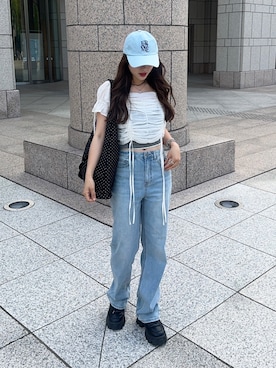 「MUSINSA STANDARD WOMAN（ムシンサスタンダードウーマン）の[クールタンダード] ウィメンズ ストレート デニムパンツ [ライトインディゴ]（デニムパンツ、その他）」を使った、senaさん（レディース・158cm）の春コーディネート