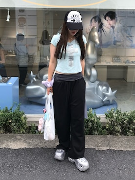 「aeae（エーイーエーイー）のWEB LOGO MESH CAP（キャップ、ブラック系）」を使った、senaさん（レディース・158cm）の夏コーディネート