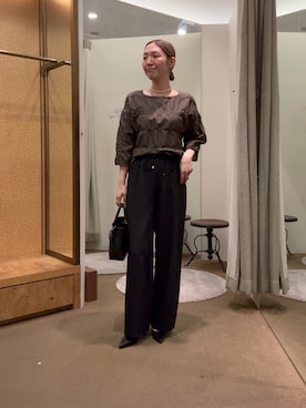 「Jena espace merveilleux(ジェナ エスパスメルヴェイユ)のシャーリングバルーンブラウス(シャツ/ブラウス、ブラウン系)」を使った、つっちぃさん(レディース・168cm)の夏コーディネート