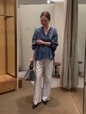 「Jena espace merveilleux(ジェナ エスパスメルヴェイユ)の〈8/15インスタライブご紹介アイテム〉シアーデニムチュニック(シャツ/ブラウス、ブルー系)」を使った、つっちぃさん(レディース・168cm)の夏コーディネート