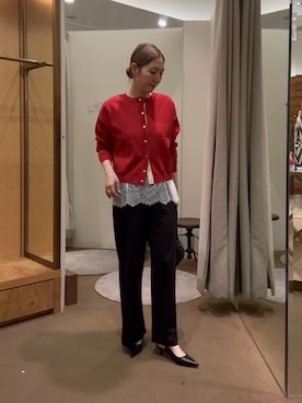 「Jena espace merveilleux(ジェナ エスパスメルヴェイユ)の袖ビハイメッシュカーディガン(ニット/セーター、レッド系)」を使った、つっちぃさん(レディース・168cm)の夏コーディネート