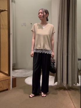 「Jena espace merveilleux(ジェナ エスパスメルヴェイユ)のカタアゼフレンチニット(ニット/セーター、ベージュ系)」を使った、つっちぃさん(レディース・168cm)の夏コーディネート
