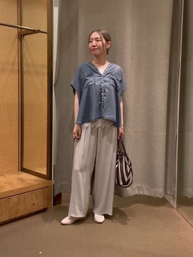 「Jena espace merveilleux(ジェナ エスパスメルヴェイユ)の【サラサラ半袖デニム】テンセルフレンチシャツ(シャツ/ブラウス、ブルー系)」を使った、つっちぃさん(レディース・168cm)の夏コーディネート