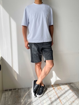 「クルーネック」｜「アイテム（シューズ）」を使った、MONSIEUR NICOLEさん（メンズ・175cm）の夏コーディネート