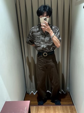 「ITEMS URBANRESEARCH（アイテムズ アーバンリサーチ）のメッセージプリント オープンカラー 半袖シャツ（シャツ/ブラウス、ブラウン系）」を使った、komaさん（メンズ・173cm）の夏コーディネート
