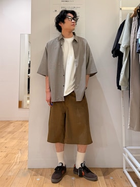 「SENSE OF PLACE by URBAN RESEARCH(センスオブプレイスバイアーバンリサーチ)のアソートワイドバギーショーツ(その他パンツ、ブラウン系)」を使った、shinyaさん(メンズ・175cm)の夏コーディネート