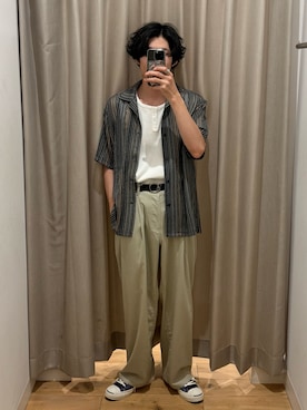 「SENSE OF PLACE by URBAN RESEARCH(センスオブプレイスバイアーバンリサーチ)のリネンブレンドワイドパンツ(その他パンツ、ベージュ系)」を使った、shinyaさん(メンズ・175cm)の夏コーディネート