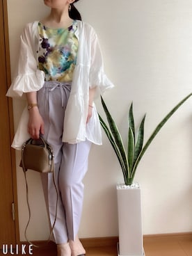 「andme（アンドミー）の【13色展開】きれいめツイル美脚ドローストリングテーパードパンツ（スラックス）」を使った、hachi23さん（レディース・158cm）の夏コーディネート