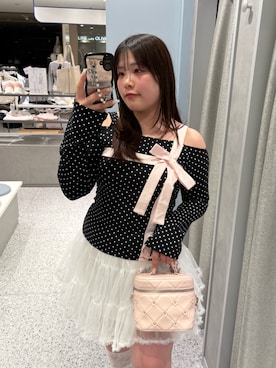 「OLIVE des OLIVE（オリーブデオリーブ）の【インフルエンサー企画】miko present ribbon tops（Tシャツ/カットソー、ブラック系）」を使った、ainoさん（レディース・155cm）の春コーディネート