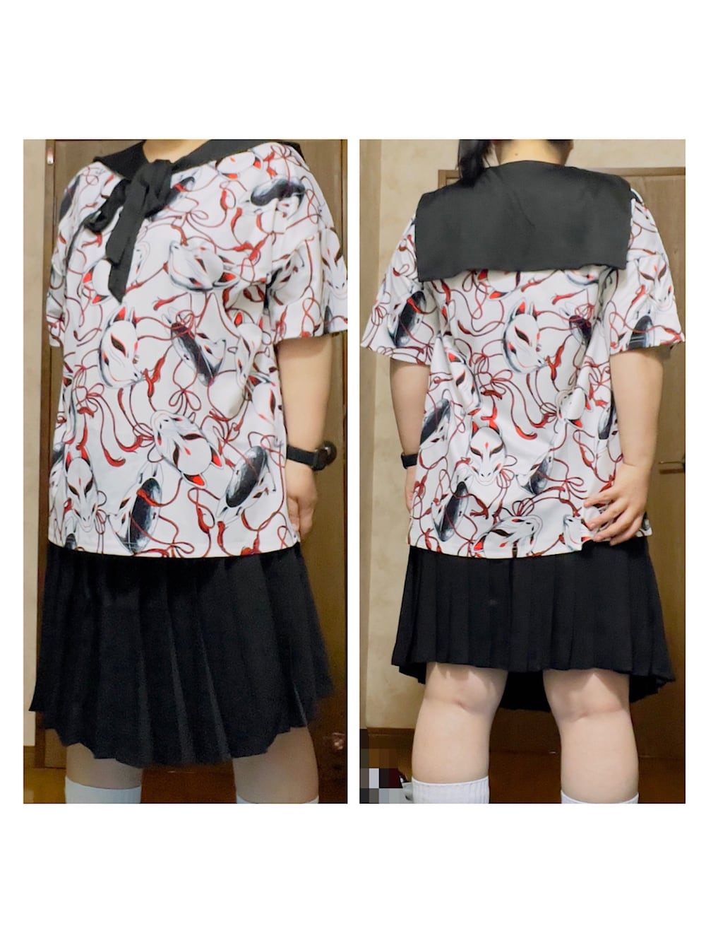 「狐面、セーラー襟、コスプレ風、制服風コーデ、プリーツスカート、ルーズソックス、ドラッグハニー、DrugHoney」｜「Drug Honeyのアイテム（トップス、ホワイト系）」を使った、PSYCHOｻｲｺちゃんさん（レディース・165cm）の秋コーディネートの1枚目の写真