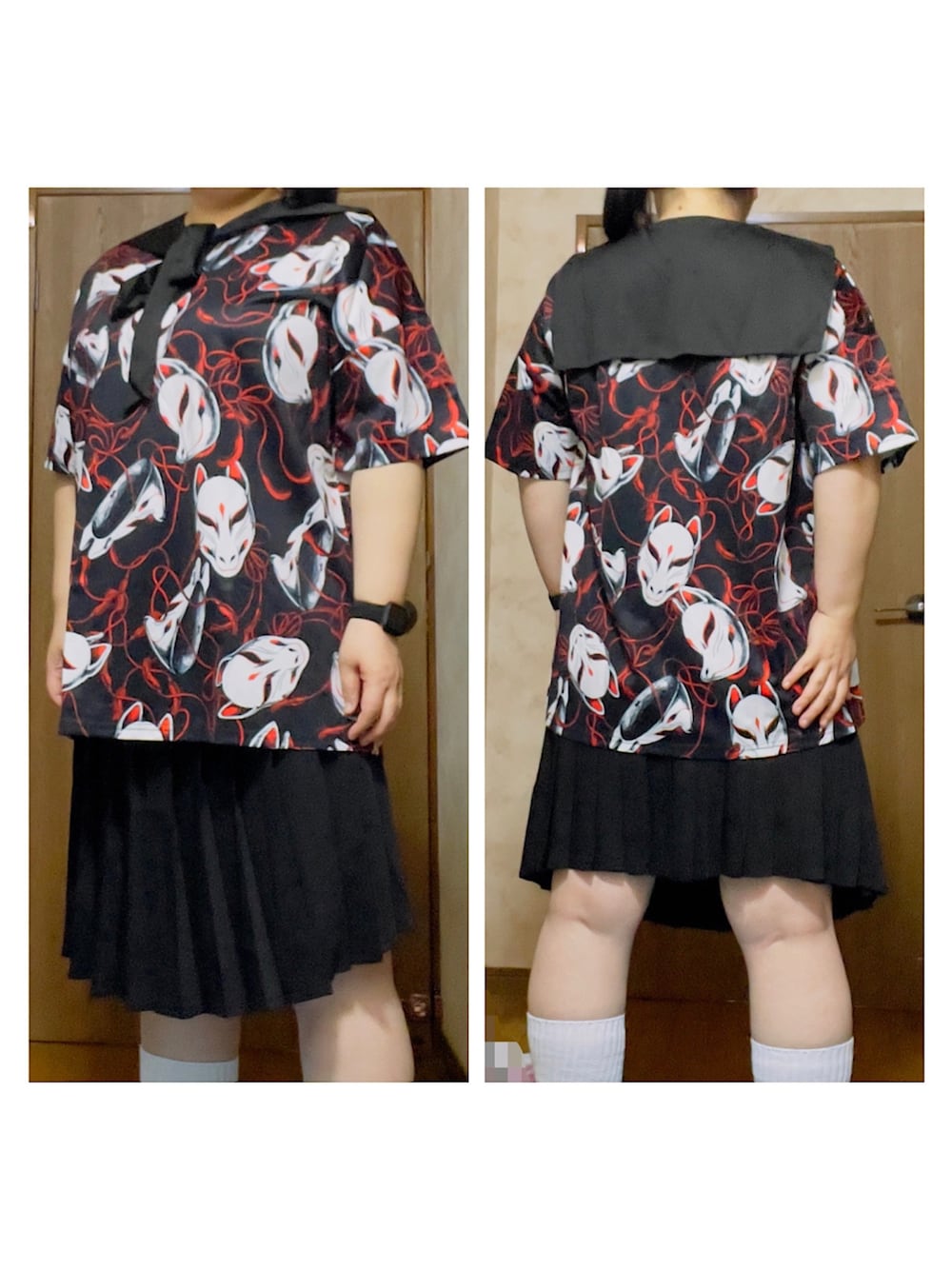 「狐面、セーラー襟、コスプレ風、制服風コーデ、プリーツスカート、ルーズソックス、ドラッグハニー、DrugHoney」｜「Drug Honeyのアイテム（トップス、ブラック系）」を使った、PSYCHOｻｲｺちゃんさん（レディース・165cm）の秋コーディネートの1枚目の写真
