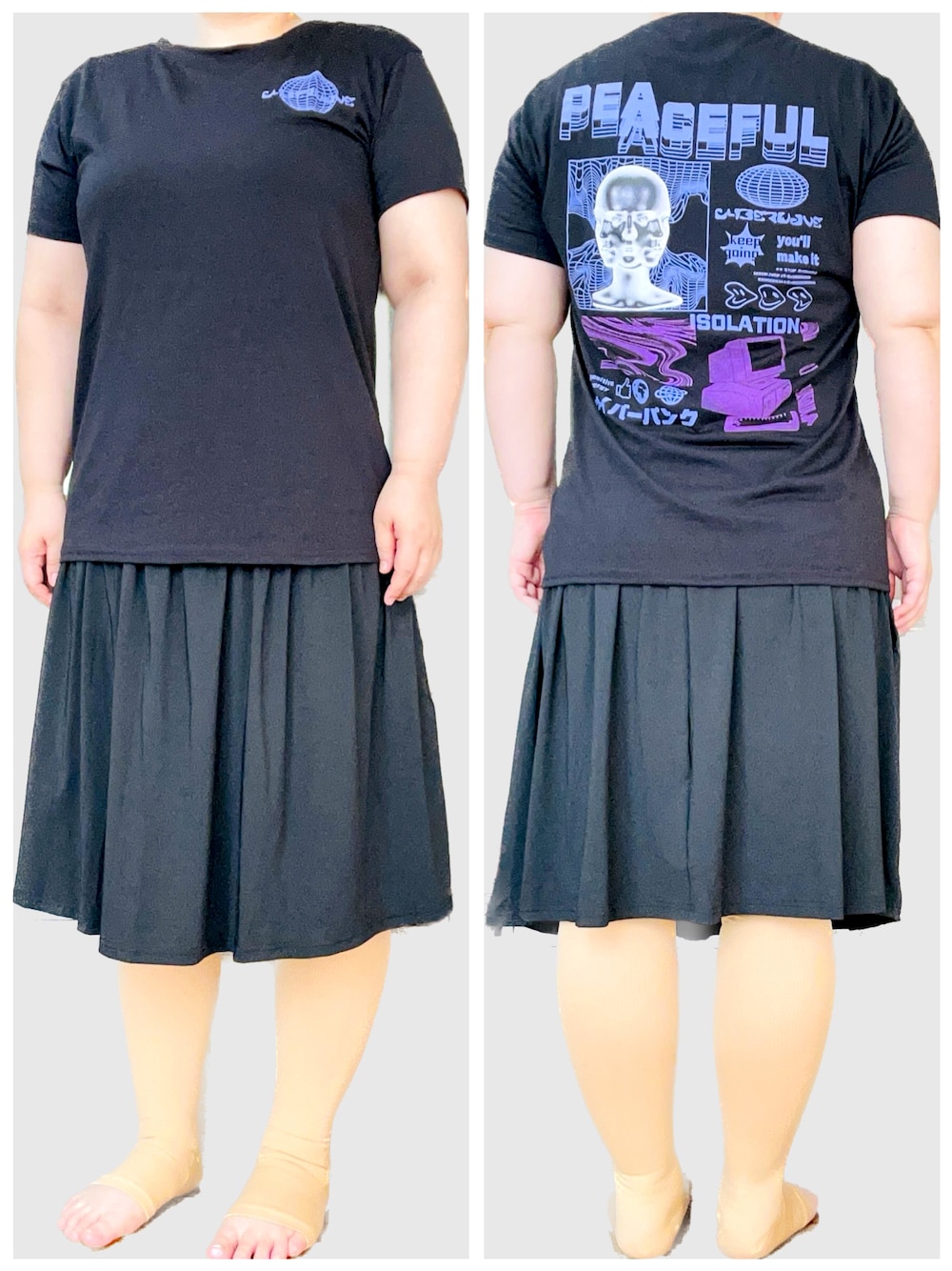 「プチプラ、プチプラコーデ、黒コーデ、ブラックコーデ、フレアスカート、Tシャツ、shein、SHEIN、SHEIN購入品、SHEINコーデ、ぽっちゃり、ぽっちゃりコーデ、ぽっちゃりでもおしゃれしたい！、ぽっちゃり女子、ぽっちゃりなんて気にしない」｜「SHEINのアイテム（スカート、ブラック系）」を使った、PSYCHOｻｲｺちゃんさん（レディース・165cm）の夏コーディネートの1枚目の写真