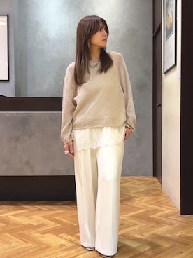 「Jena espace merveilleux（ジェナ　エスパスメルヴェイユ）のペーパーヤーンルーズニット（ニット/セーター、ベージュ系）」を使った、monchankhさん（レディース・149cm）の春コーディネート