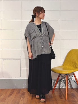 「Jena espace merveilleux(ジェナ エスパスメルヴェイユ)の【サラサラ半袖デニム】テンセルフレンチシャツ(シャツ/ブラウス、グレー系)」を使った、monchankhさん(レディース・149cm)の夏コーディネート