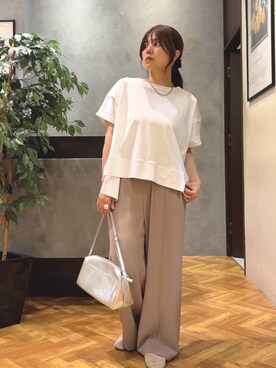 「Jena espace merveilleux(ジェナ エスパスメルヴェイユ)の【新色登場】【サラサラ素材で涼しく着れる】ビッグ変形Tシャツ(Tシャツ/カットソー、ホワイト系)」を使った、monchankhさん(レディース・149cm)の夏コーディネート