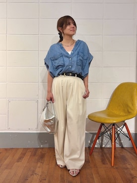 「Jena espace merveilleux(ジェナ エスパスメルヴェイユ)の【サラサラ半袖デニム】テンセルフレンチシャツ(シャツ/ブラウス、ブルー系)」を使った、monchankhさん(レディース・149cm)の夏コーディネート