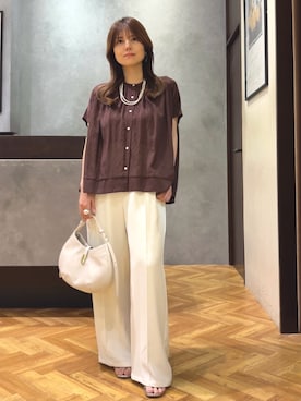 「Jena espace merveilleux(ジェナ エスパスメルヴェイユ)のニットラインギャザーSH(シャツ/ブラウス、ブラウン系)」を使った、monchankhさん(レディース・149cm)の夏コーディネート